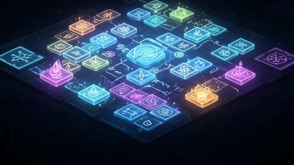 Magical word-grid hero artwork for SpellGrid Roguelite.