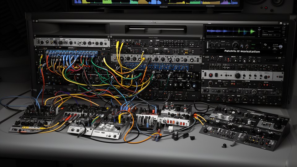 Modular guitar effects workstation hero artwork for PatchRig FX Workstation.