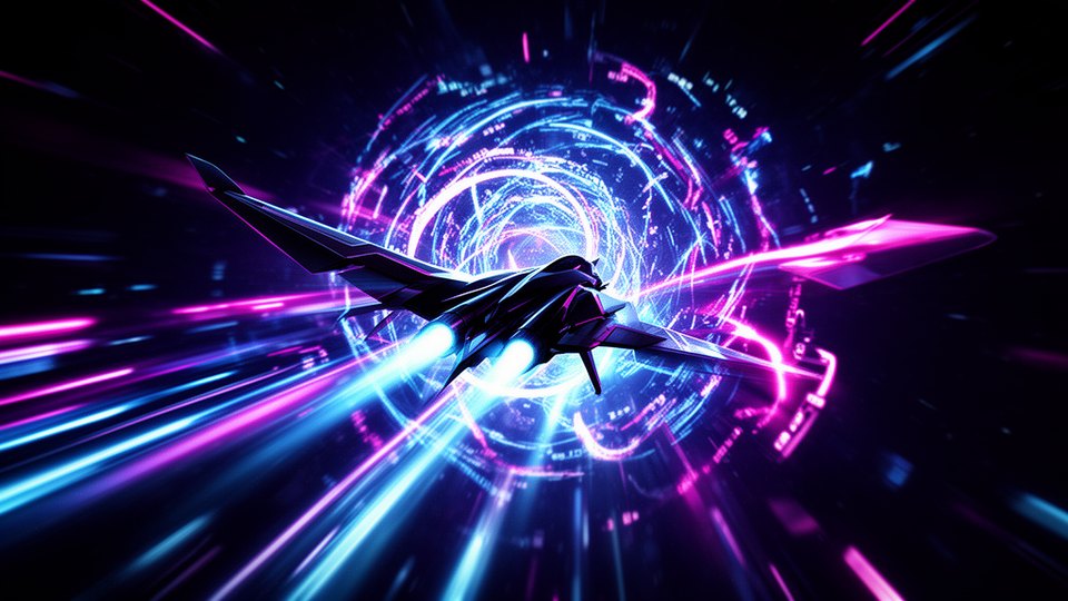 Neon space-flight arcade hero artwork for Vanta Wing.