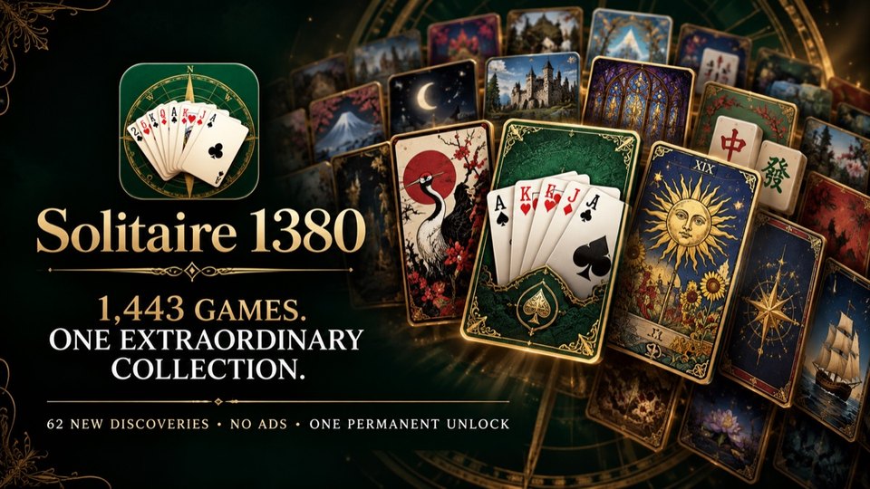 Solitaire 1380 artwork showing illustrated game cards and the 1,443-game collection.