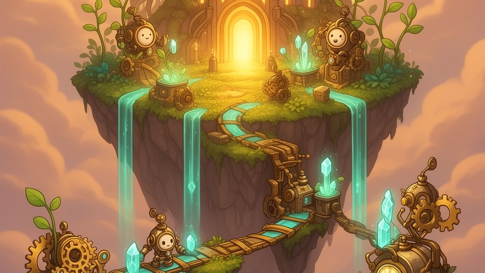 Cozy floating clockwork island hero artwork for Cozy Clockwork Colony.