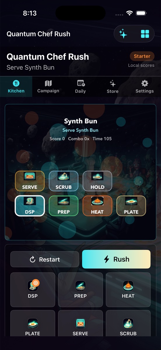 Quantum Chef Rush gameplay showing Burger Orbit lanes and arcade controls