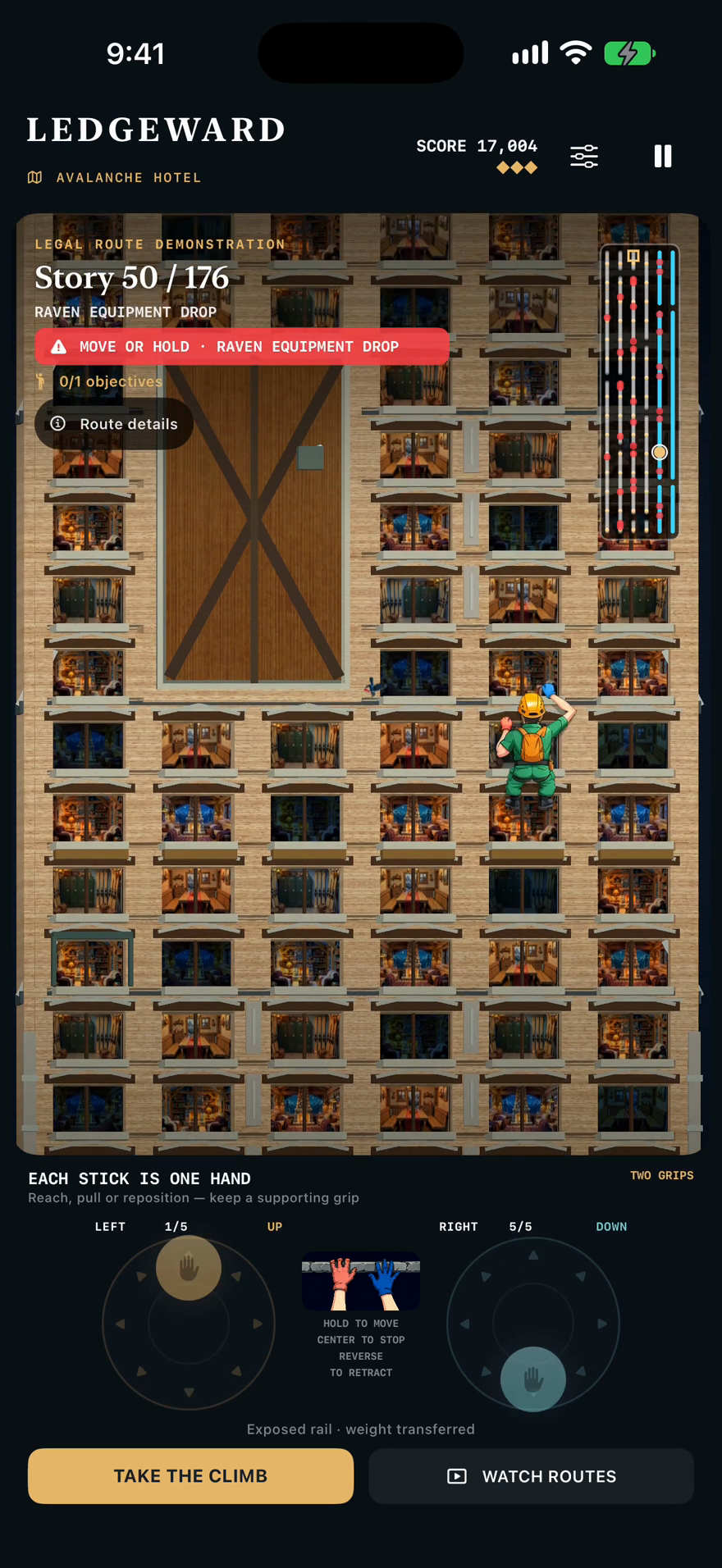 Actual Ledgeward gameplay: a climber on the icy facade of Avalanche Hotel, with independent controls for each hand.