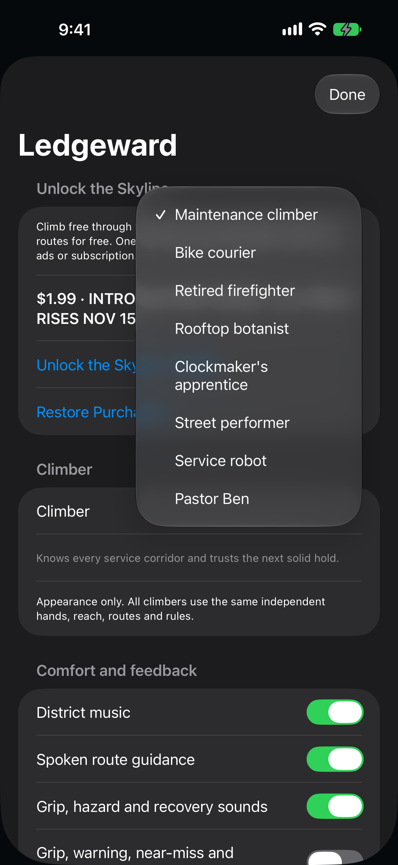 The climber selection menu in Ledgeward Settings.