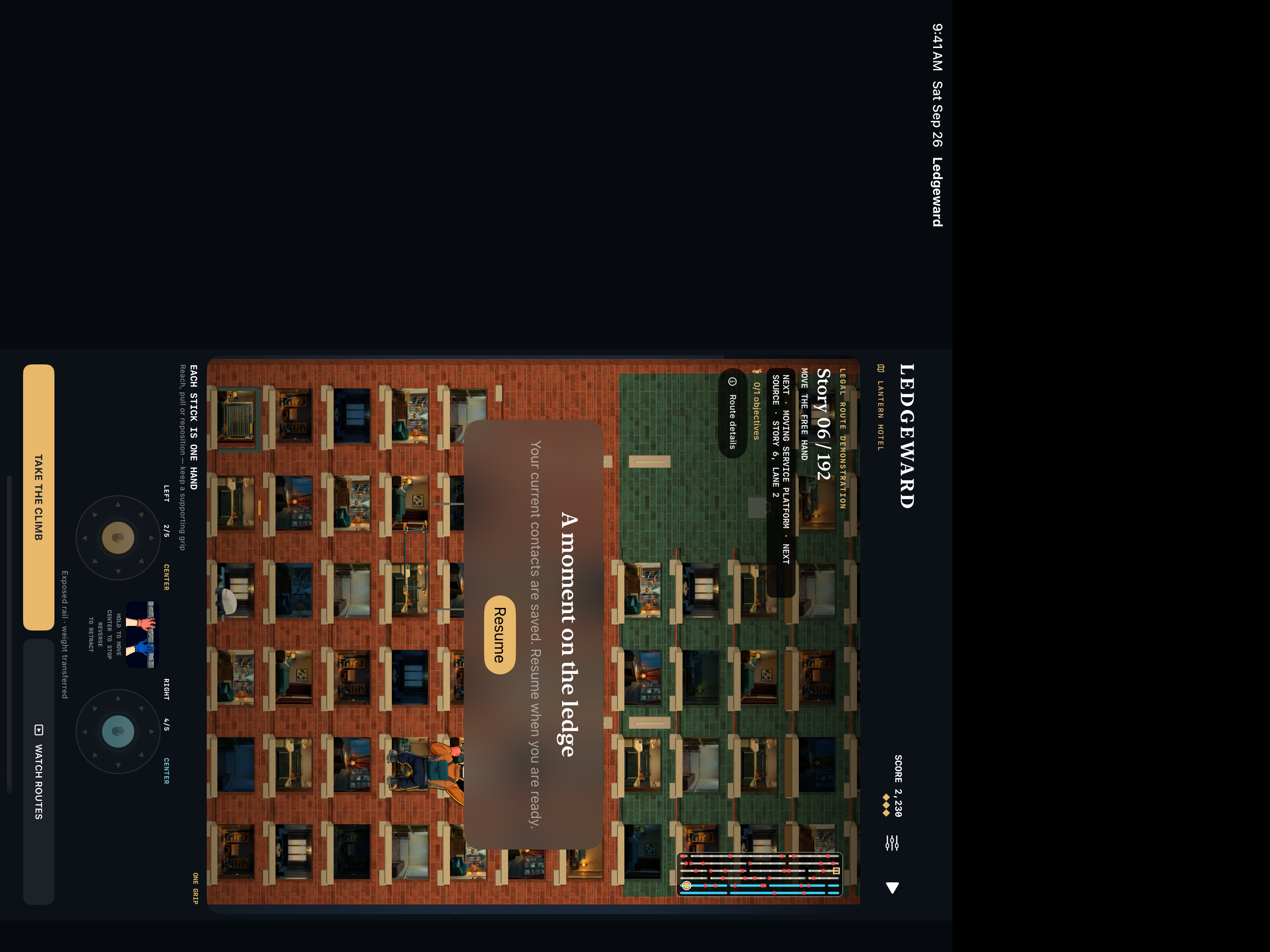 Actual iPad landscape gameplay with the climbing scene and both hand controls centered on screen.