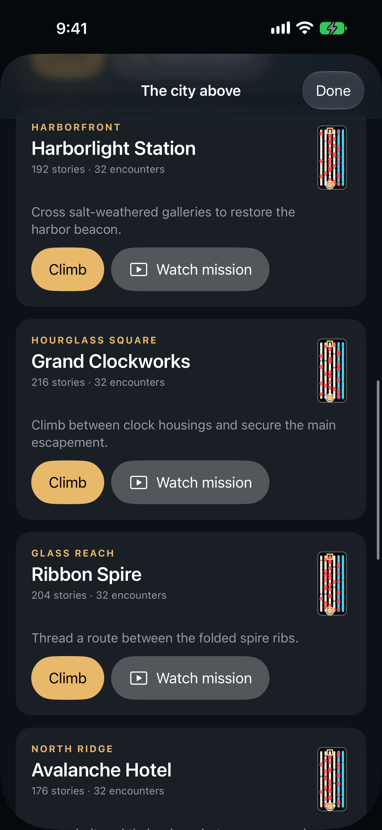The in-game city menu, where you can choose a building or watch its route.