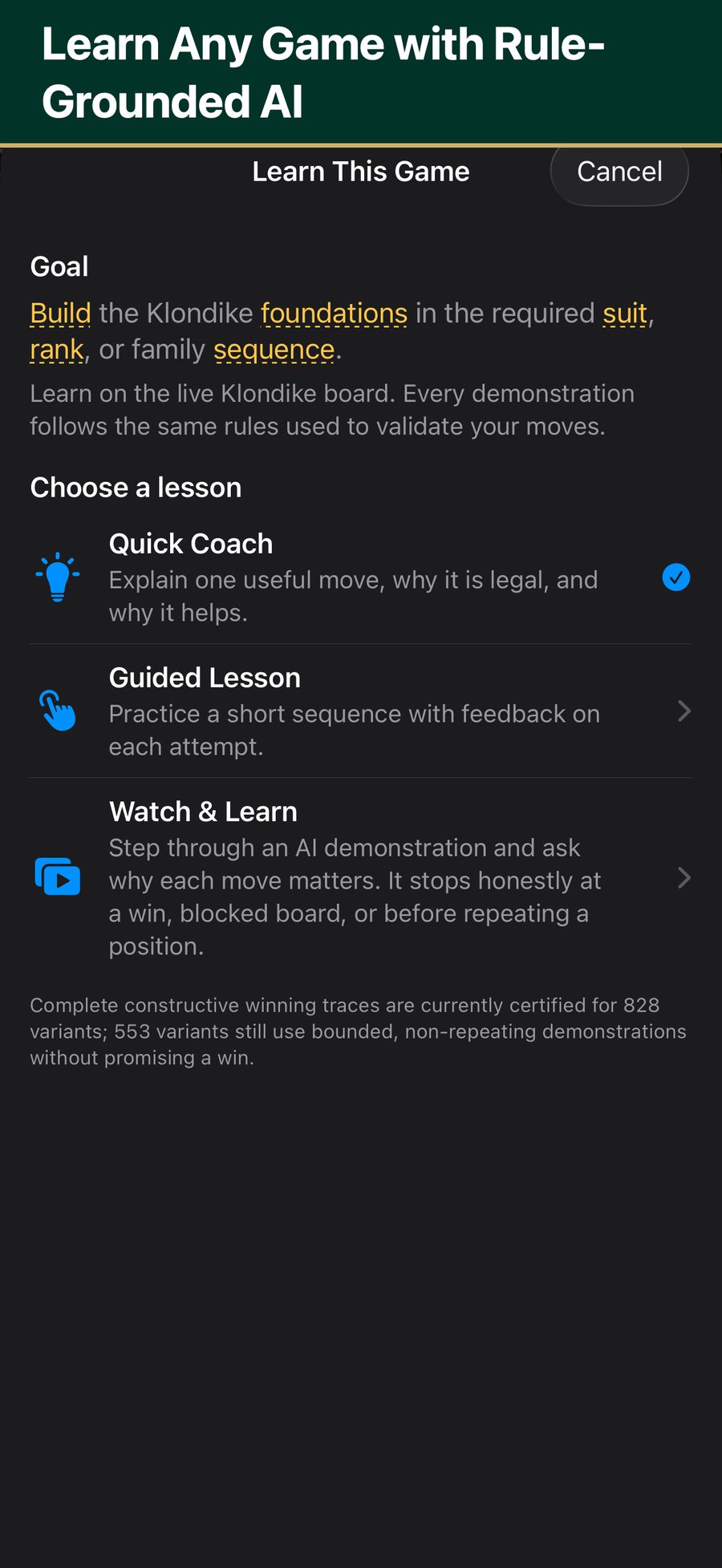 The Learn This Game screen with Quick Coach, Guided Lesson, and Watch and Learn