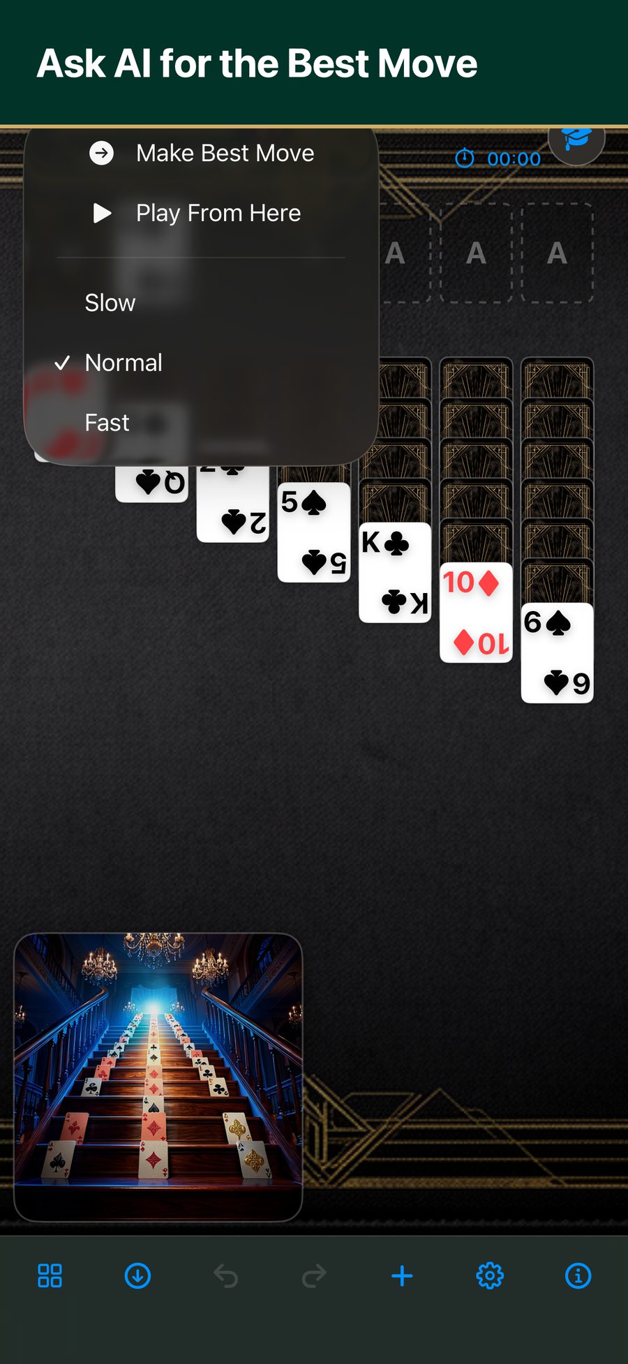 A solitaire board showing the Make Best Move and Play From Here controls