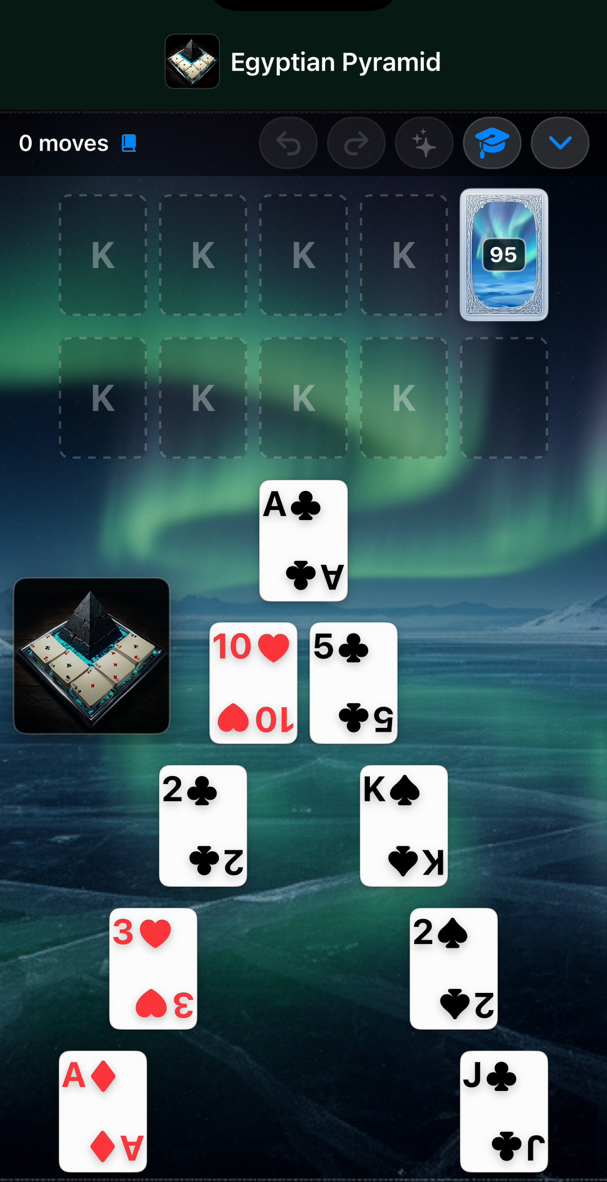 Real Egyptian Pyramid solitaire game on an Aurora background