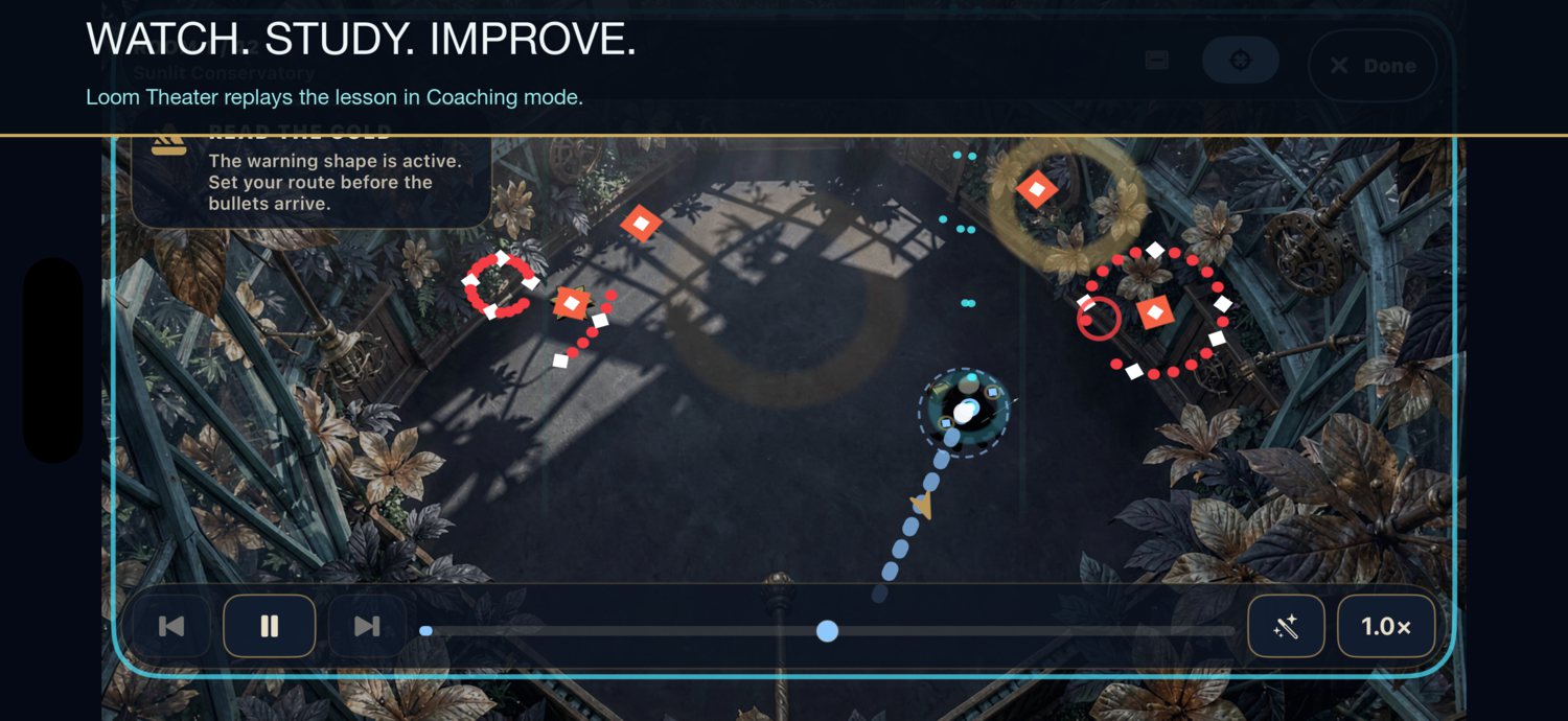 Loom Theater Coaching mode displays the full arena and a concise tactical observation.