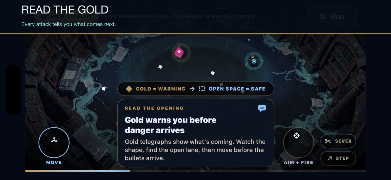 Gold warning geometry reveals a safe route through enemy fire.
